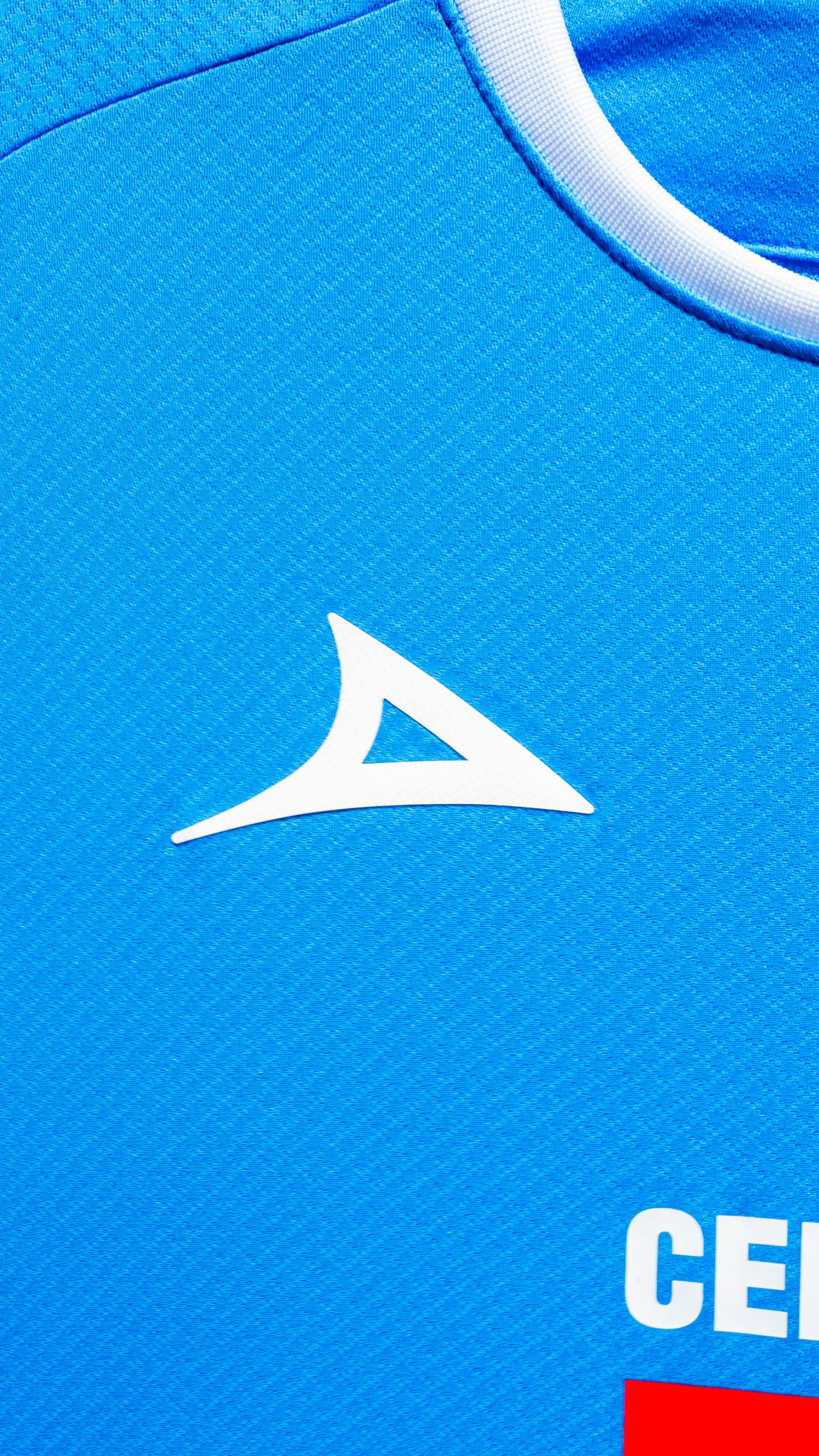 Close-up of a blue sports jersey with a white logo and text.